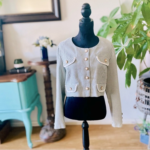 Jackets & Blazers - Vintage Plaid Flap Pocket Check Mint & Black Crop Overcoat with Pearl Buttons